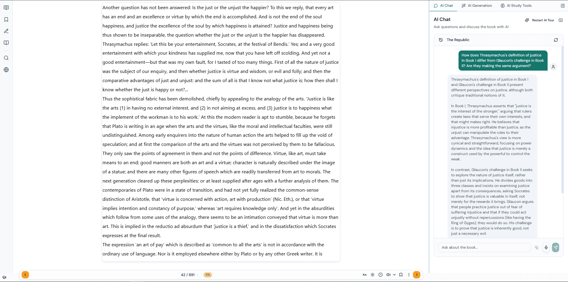 Chaptera reader with AI chat analyzing Plato's Republic — cross-chapter analysis of Thrasymachus and Glaucon's arguments on justice