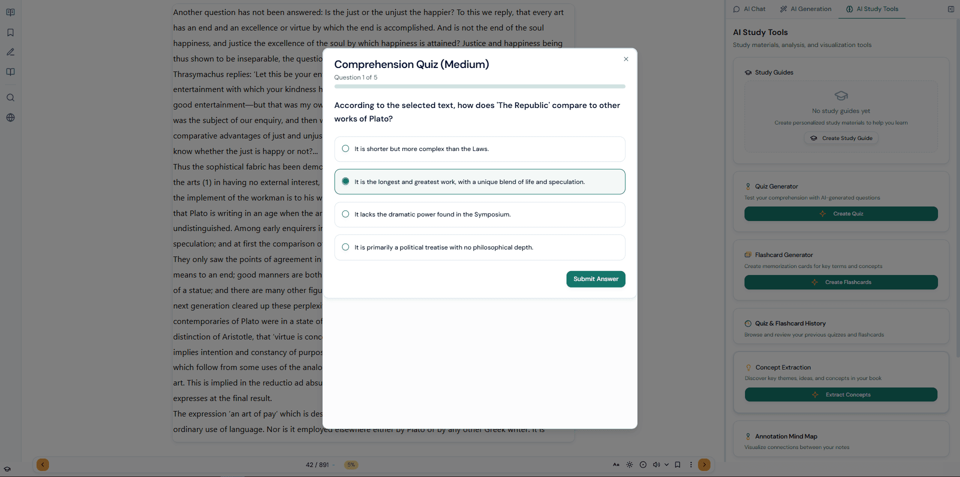 AI-generated comprehension quiz from Plato's Republic with multiple choice questions